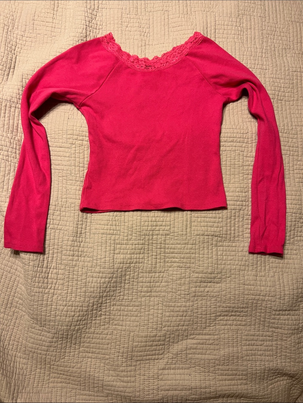 Girls' Lace-Trim Long Sleeve Top - Bright Pink